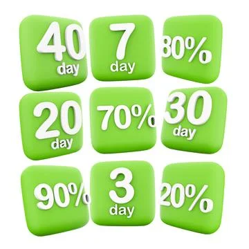 3d rendering 3, 7, 20, 30, 40 day left, 20, 70, 80, 90 percent icon set. 3d Illustrazione stock