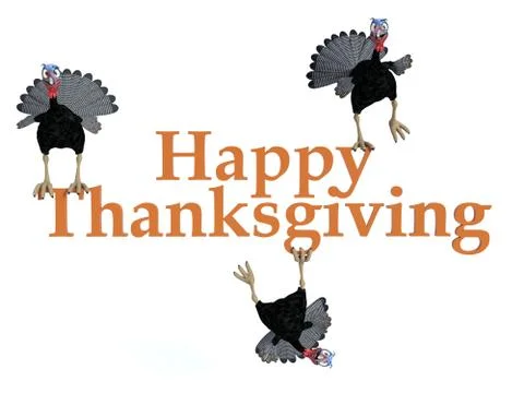3D rendering of 3 silly toon turkeys on the text "Happy Thanksgiving". Stock Illustration