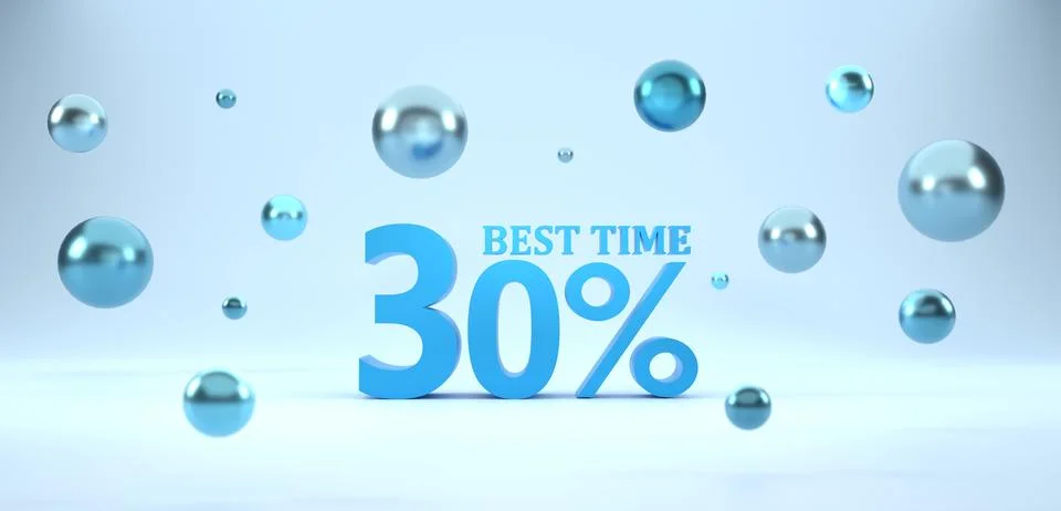 3D Rendering. 30 percent off with bubble ball and blue background. Special .. Stock-Fotos
