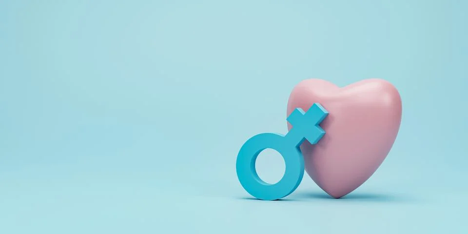 3D rendering, 3D illustration. Heart and female gender symbol on blue paste.. Stock Illustration