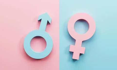 3d rendering, 3d illustration. Male and Female sexual symbols on pink backg.. Stock Illustration