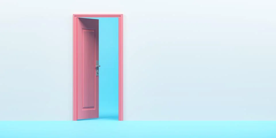 3D rendering, 3D illustration. Pink door Open entrance in blue background r.. Stock Illustration