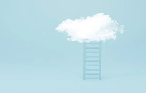 3d rendering, 3d illustration. white fluffy cloud above the ladder on blue .. Stock Photos