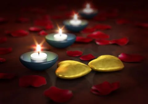 3d rendering, 3d illustrations. Valentins'day, hearts, candle and rose petals Stock Illustration