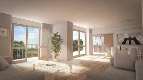 3d rendering, 3d interior, living-room with wooden floor, 3D illustratrion 库存插图