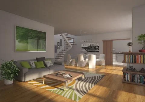 3d rendering, 3d interior, room with wooden floor, 3D illustratrion 库存插图