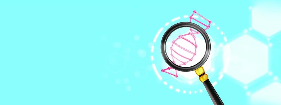 3d rendering 3d model of a dna molecule under a magnifying glass. Research in Stock Illustration