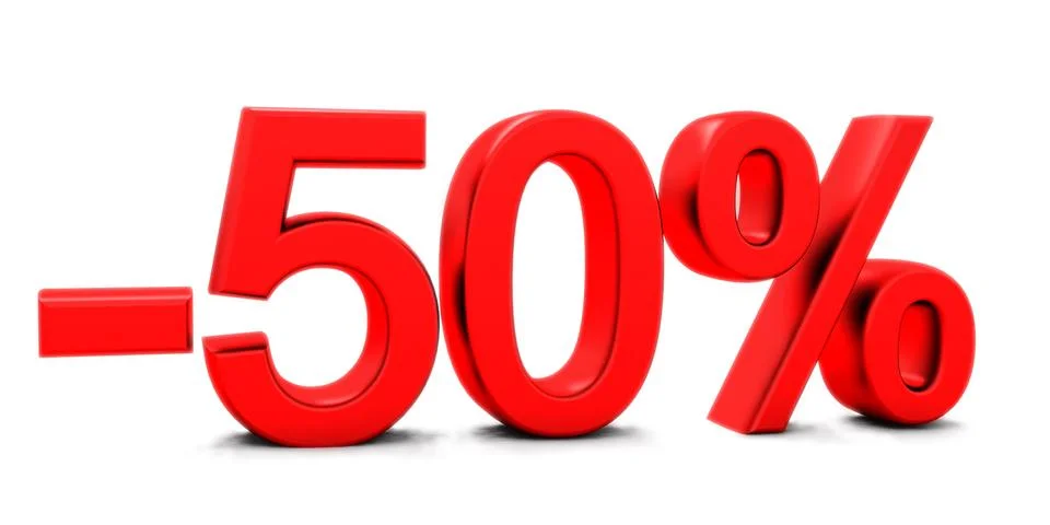 3D rendering of a 50 per cent in red letters on a white Stock Photos