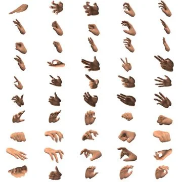 3d rendering of 50 hand poses Stock Illustration