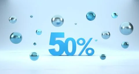 3D Rendering. 50 percent off with bubble ball and blue background. Special .. Stock Illustration