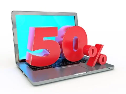 3D rendering of a 50 percent discount - Laptop and discounts in Internet Stock Illustration