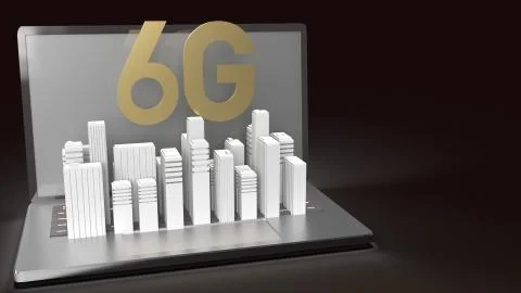 The 3d rendering 6g text gold surface glow on notebook and building  in dark  Ilustración de archivo