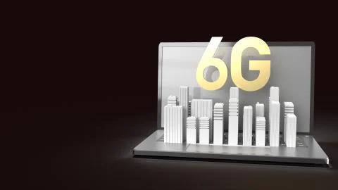 The 3d rendering 6g text gold surface glow on notebook and building  in dark  Ilustración de archivo