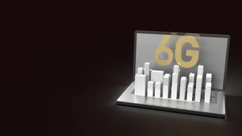 The 3d rendering 6g text gold surface glow on notebook and building  in dark  Ilustración de archivo