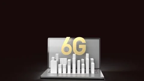 The 3d rendering 6g text gold surface glow on notebook and building  in dark  Ilustración de archivo