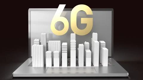 The 3d rendering 6g text gold surface glow on notebook and building  in dark  Ilustración de archivo