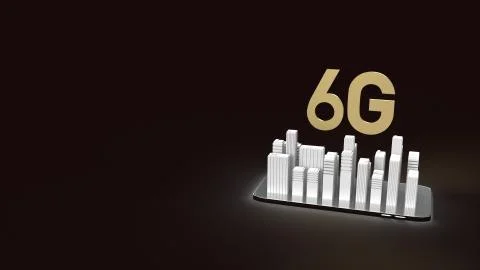 The 3d rendering 6g text gold surface glow on smartphone and building  in dar Ilustración de archivo