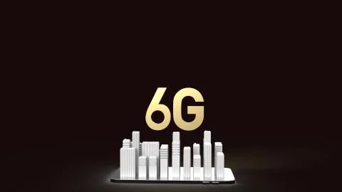 The 3d rendering 6g text gold surface glow on smartphone and building  in dar Ilustración de archivo