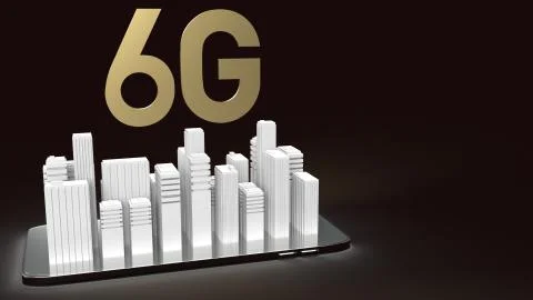 The 3d rendering 6g text gold surface glow on smartphone and building  in dar Ilustración de archivo