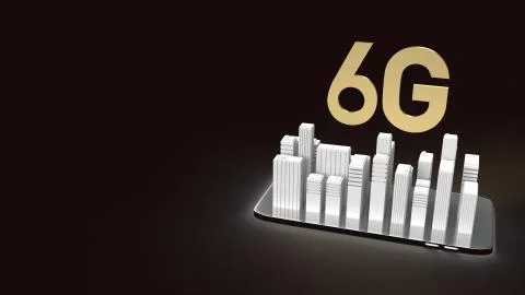 The 3d rendering 6g text gold surface glow on smartphone and building  in dar Ilustración de archivo