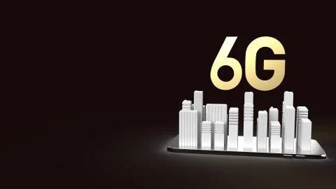 The 3d rendering 6g text gold surface glow on smartphone and building  in dar Ilustración de archivo