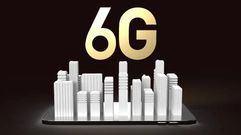 The 3d rendering 6g text gold surface glow on smartphone and building  in dar Ilustración de archivo