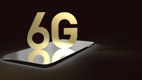 3d rendering 6g text gold surface glow on smartphone  in dark image for mobil Stock Illustration