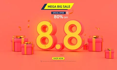 3d rendering of 88 shopping day poster or banner with gift box on holiday red Illustrazione stock