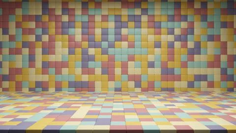 3D rendering 8K background wall and floor of retro-colored shuffled cubes Stock Illustration