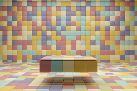 3D rendering 8K podium in the tiled room of retro-colored cubes Stock Illustration