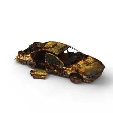 3d rendering of an abandoned vehicle on a white surface Stock Illustration