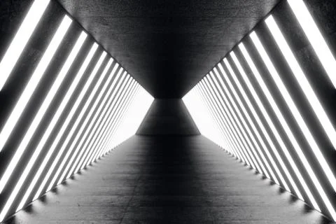 3D rendering abstrac futuristic dark corridor with neon lights. Glowing light Stock Illustration