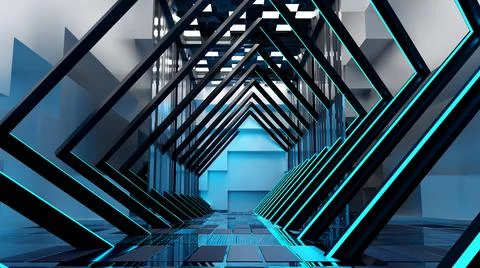 3d rendering of abstract background blue science fiction sci-fi hallway Stock Illustration