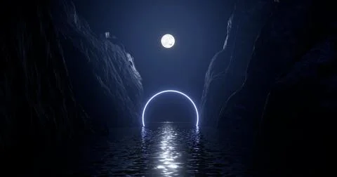 3d rendering, abstract background, cosmic landscape, round portal, pink blue Illustrazione stock