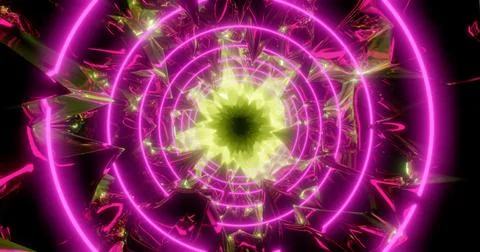 3d rendering, abstract background, cosmic landscape, round portal, pink neon Stock Illustration