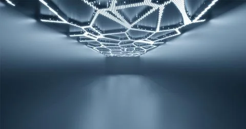 3D rendering. Abstract background of a long dormitory with neon lights on the Stock Illustration