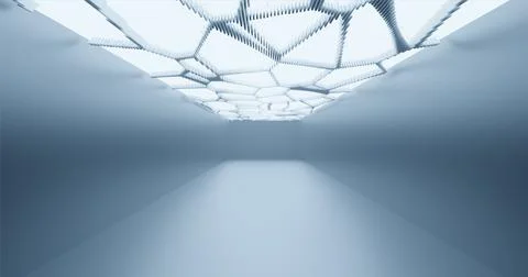 3D rendering. Abstract background of a long dormitory with neon lights on the Illustrazione stock