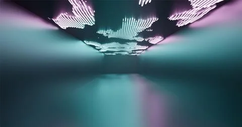 3D rendering. Abstract background of a long dormitory with neon lights on the Stock Illustration