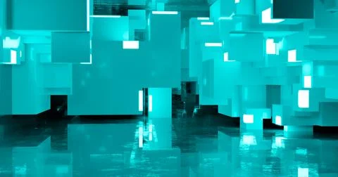 3d rendering. Abstract background. Modern geometric cubes with neon elements 스톡 일러스트