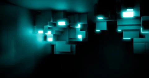 3d rendering. Abstract background. Modern geometric cubes with neon elements Stock Illustration