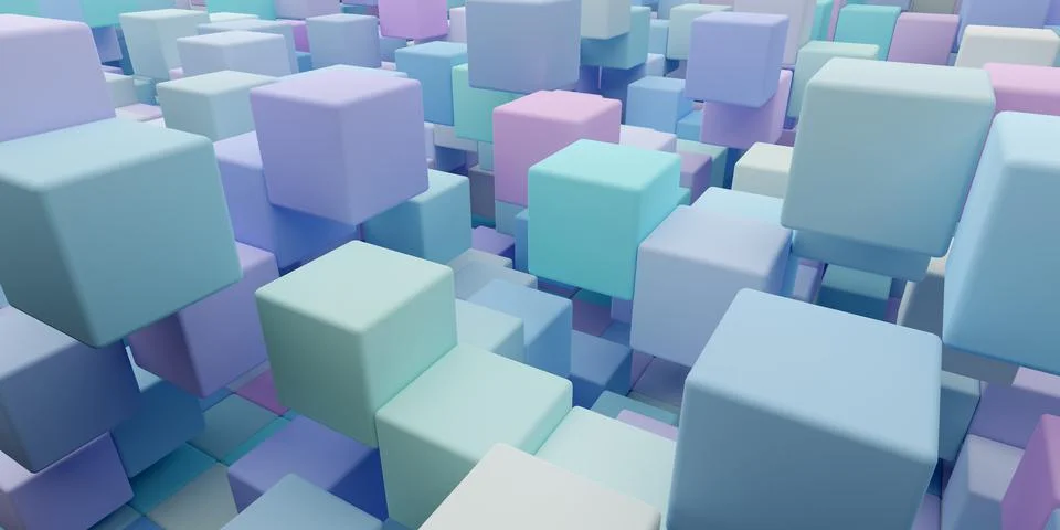 3d rendering abstract background of randomly positioned multi-colored cubes Stock Illustration