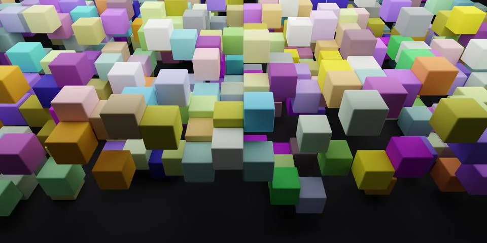 3d rendering abstract background of randomly positioned multi-colored cubes Stock Illustration