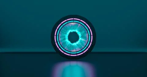 3d rendering, abstract background, round portal, pink blue neon lights, virtu Stock Illustration