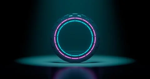 3d rendering, abstract background, round portal, pink blue neon lights, virtu Stock Illustration