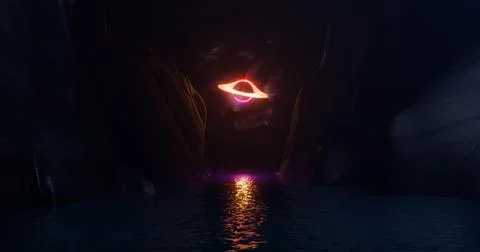 3D rendering, abstract background, space landscape, black hole in the sky aga Illustrazione stock