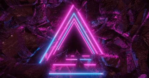 3D rendering, abstract background, space landscape, triangular portal, pink b Ilustração Stock