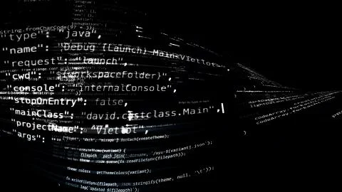 3D rendering of abstract blocks of code located in the virtual space 스톡 일러스트