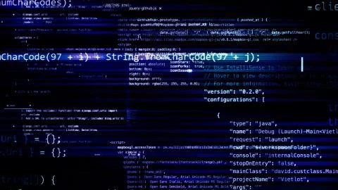 3D rendering of abstract blocks of code located in the virtual space Illustrazione stock