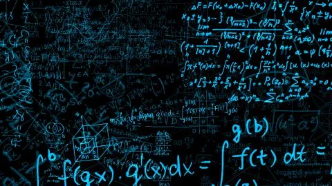 3D rendering of abstract blocks of mathematical formulas located in the virtu 写真素材