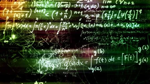 3D rendering of abstract blocks of mathematical formulas located in the virtu 写真素材